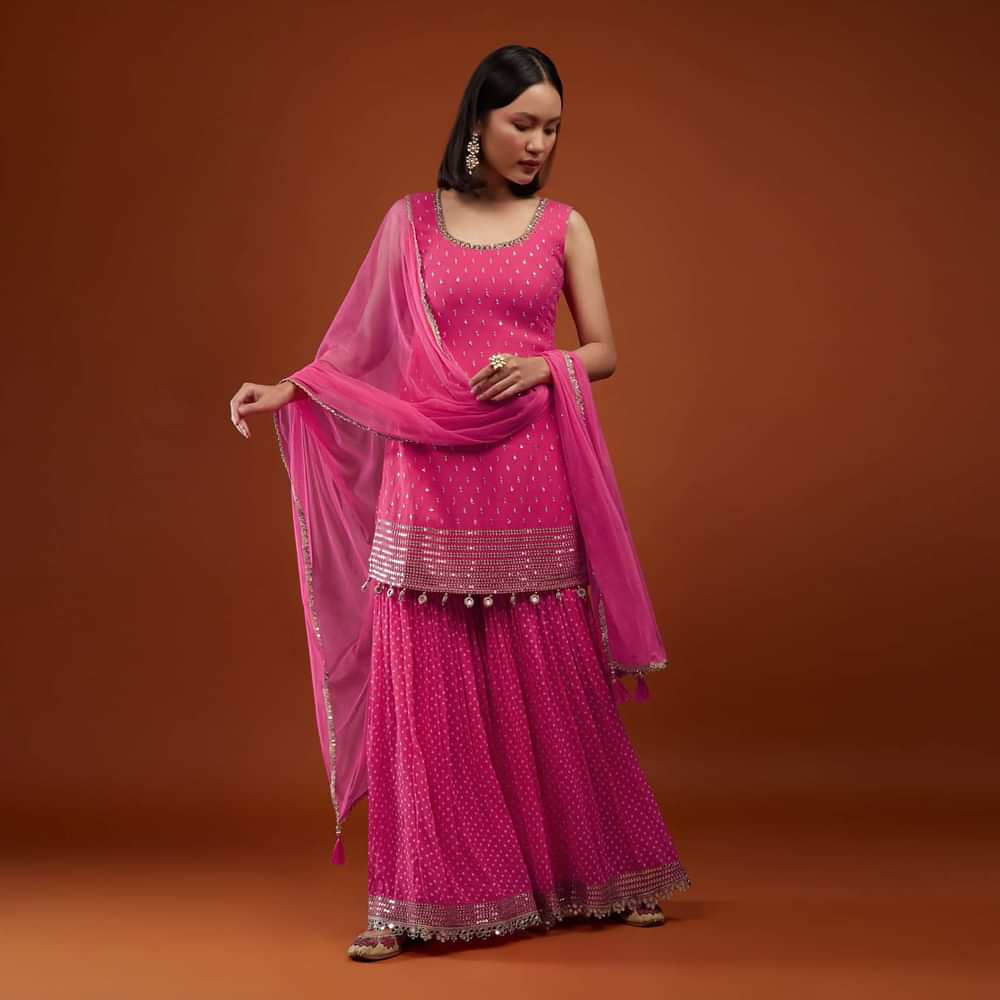 Hot Pink Georgette Sharara Suit With Bandhani Print And Embroidery