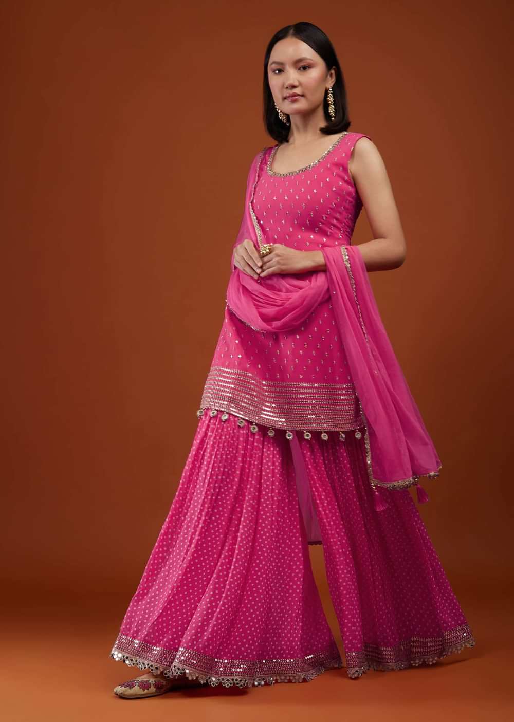 Hot Pink Georgette Sharara Suit With Bandhani Print And Embroidery