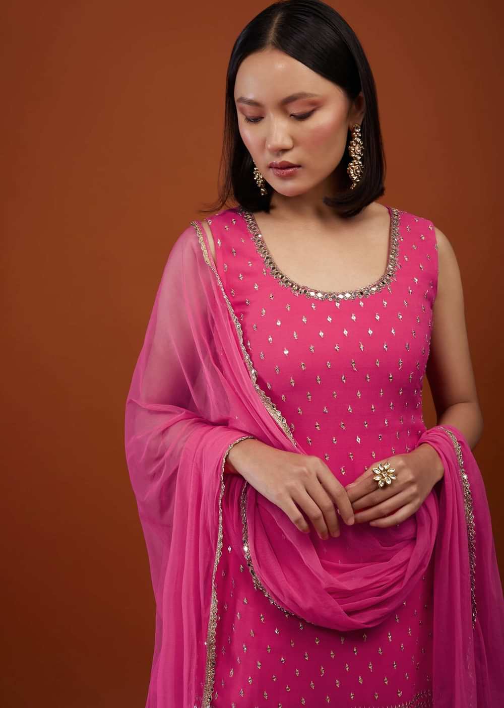 Hot Pink Georgette Sharara Suit With Bandhani Print And Embroidery
