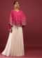 Hot Pink High Low Cape And White Palazzo Suit With Sequins And Zardosi Flowers