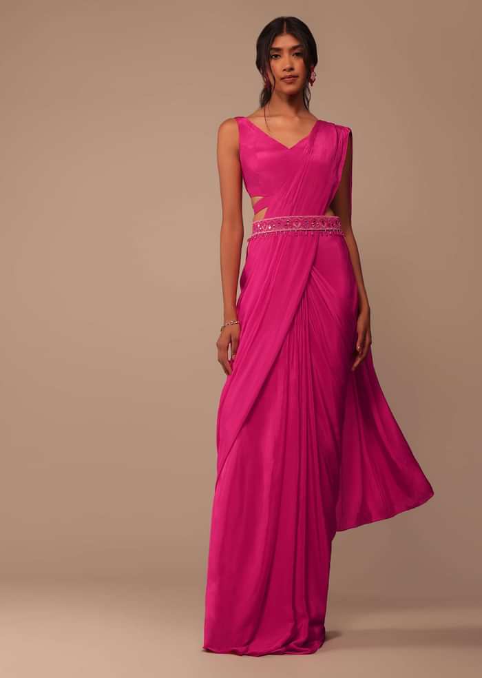 Hot Pink Readymade Saree With Embroidered Belt