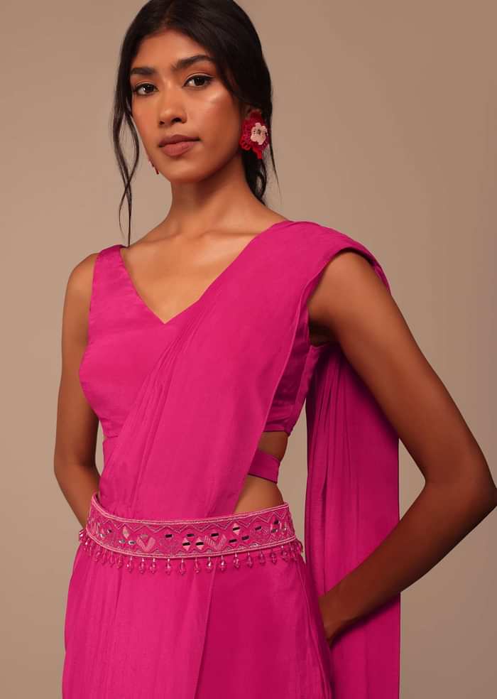 Hot Pink Readymade Saree With Embroidered Belt