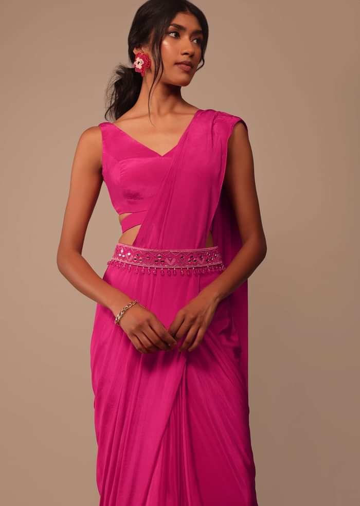 Hot Pink Readymade Saree With Embroidered Belt