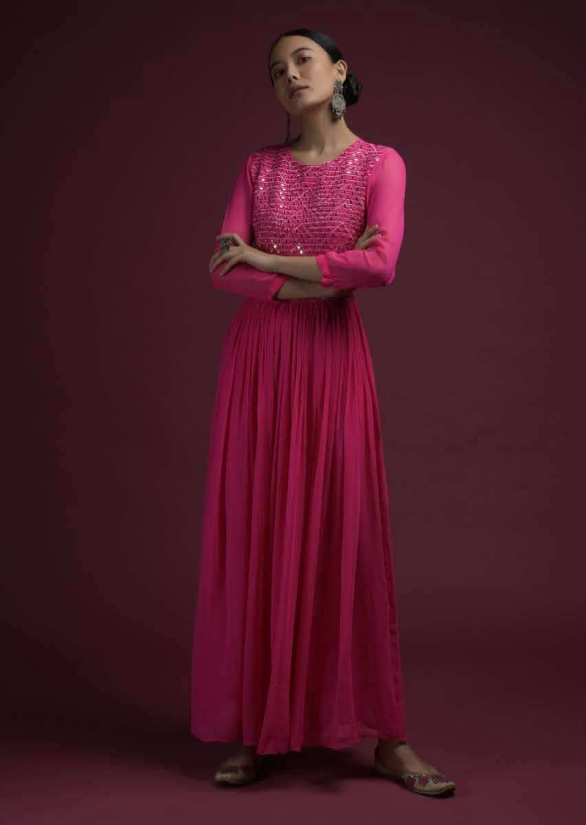 Hot Pink Jumpsuit In Georgette With Heavily Embroidered Bodice In Mirror Abla Work