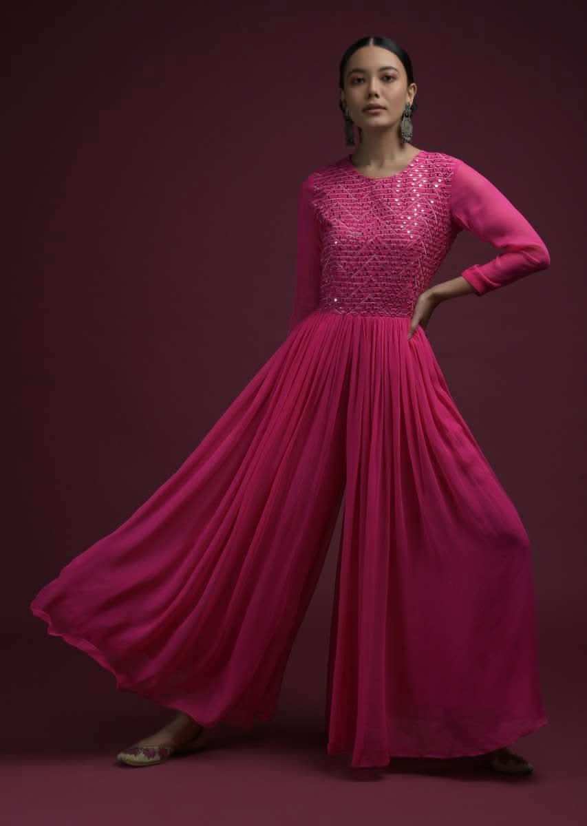 Hot Pink Jumpsuit In Georgette With Heavily Embroidered Bodice In Mirror Abla Work