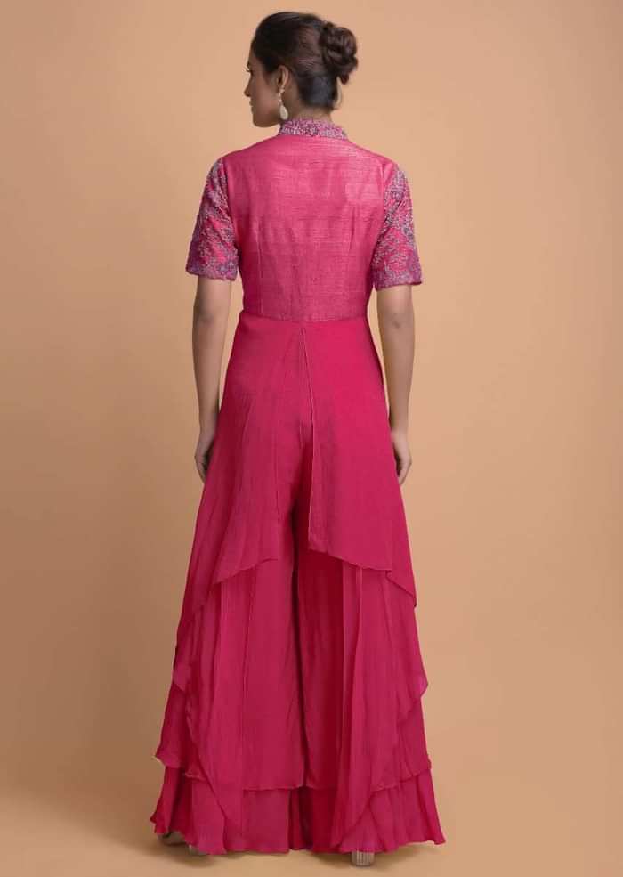 Hot Pink Jumpsuit With Georgette Layers On The Bottom And A Raw Silk Bodice Online - Kalki Fashion