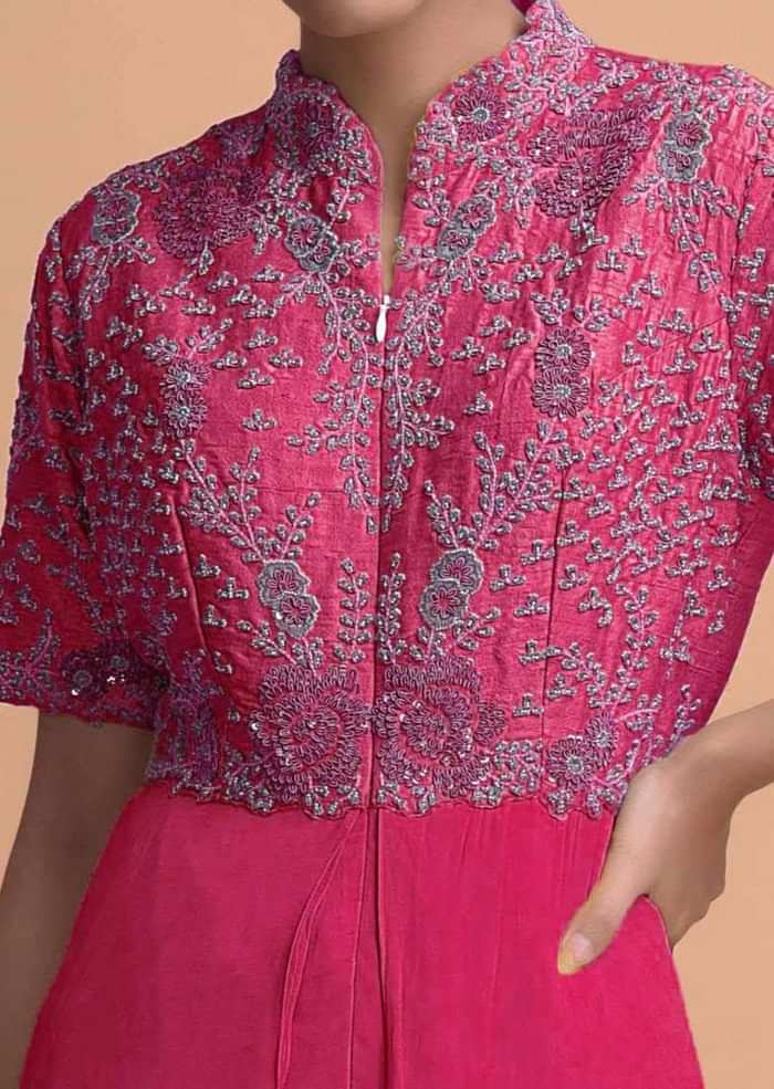 Hot Pink Jumpsuit With Georgette Layers On The Bottom And A Raw Silk Bodice Online - Kalki Fashion