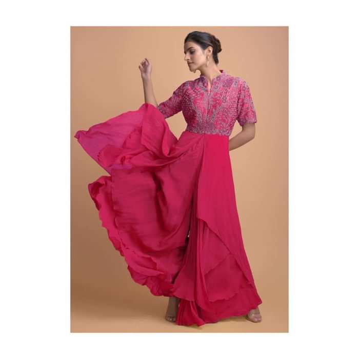 Hot Pink Jumpsuit With Georgette Layers On The Bottom And A Raw Silk Bodice Online - Kalki Fashion