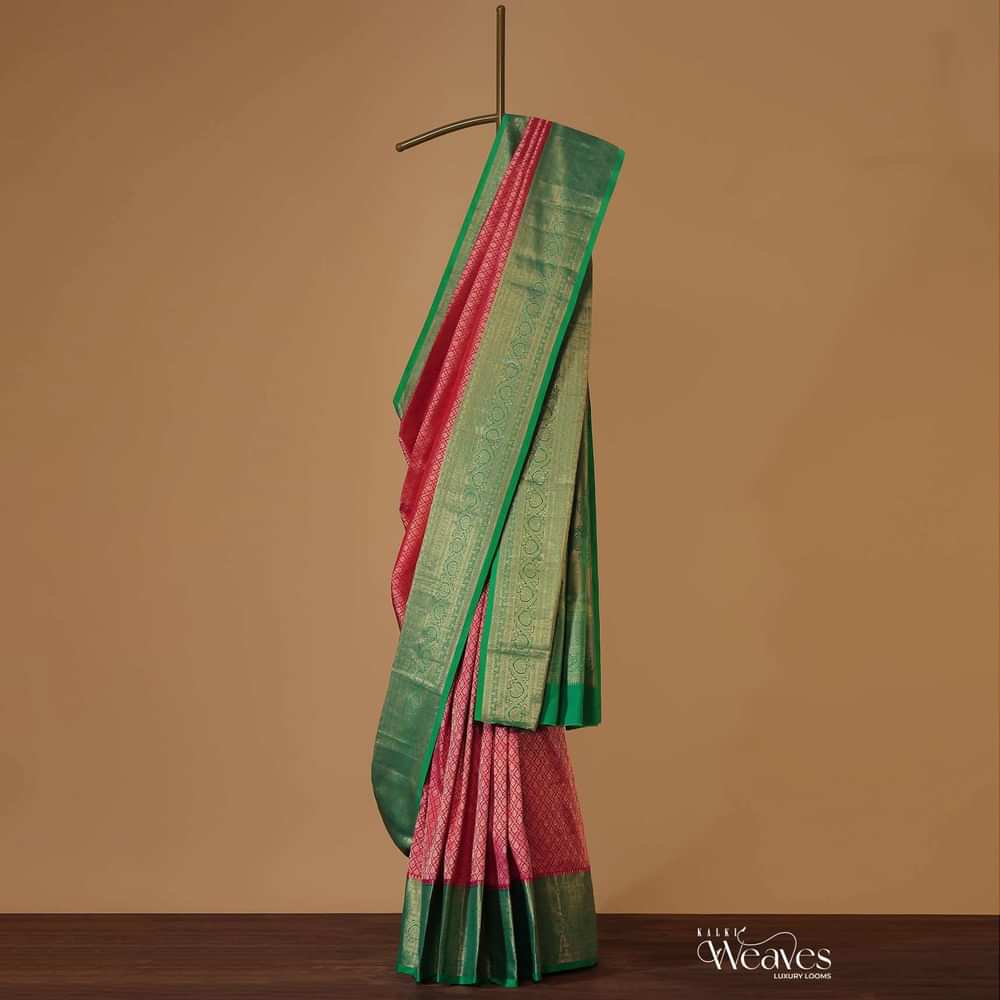 Hot Pink Kanjivaram Saree In Pure Silk With Forest Green Border And Unstitched Blouse
