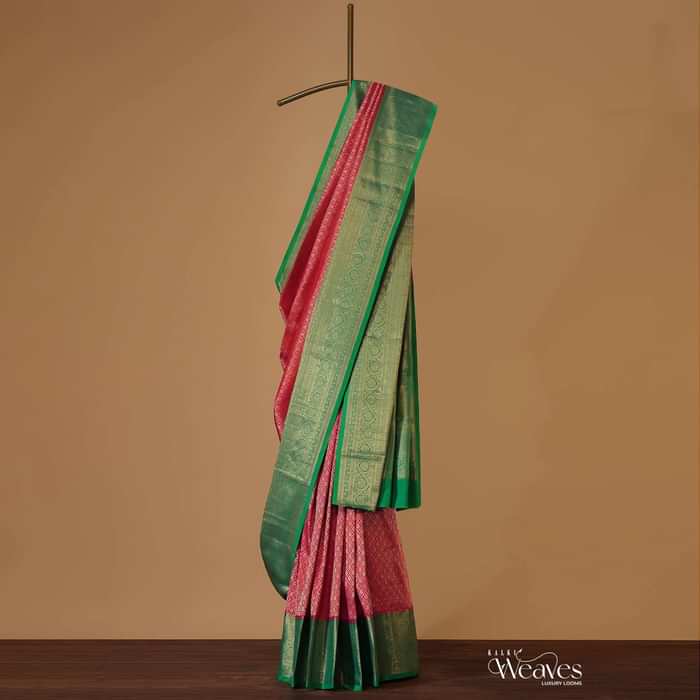 Hot Pink Kanjivaram Saree In Pure Silk With Forest Green Border And Unstitched Blouse