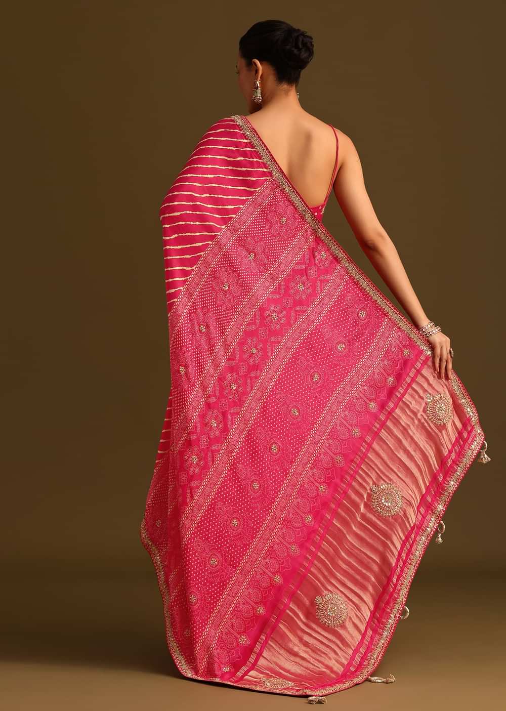 Hot Pink Lehariya Saree In Gota Patti Work With Unstitched Blouse