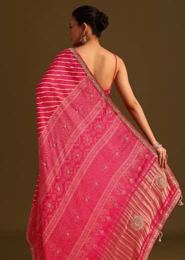 Hot Pink Lehariya Saree In Gota Patti Work With Unstitched Blouse