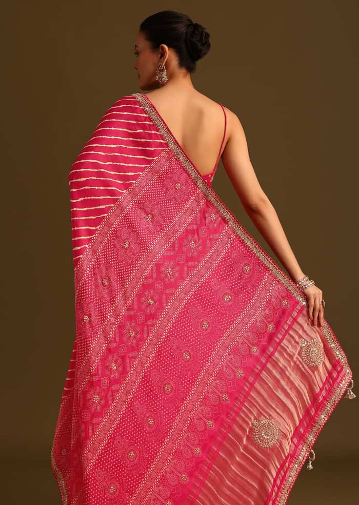 Hot Pink Lehariya Saree In Gota Patti Work With Unstitched Blouse
