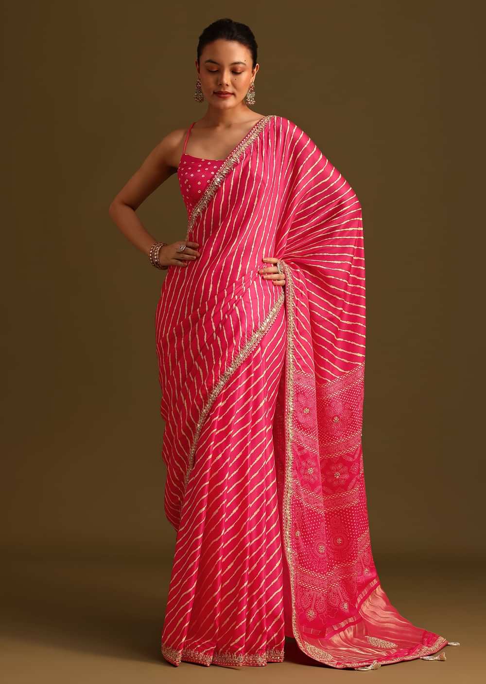 Hot Pink Lehariya Saree In Gota Patti Work With Unstitched Blouse