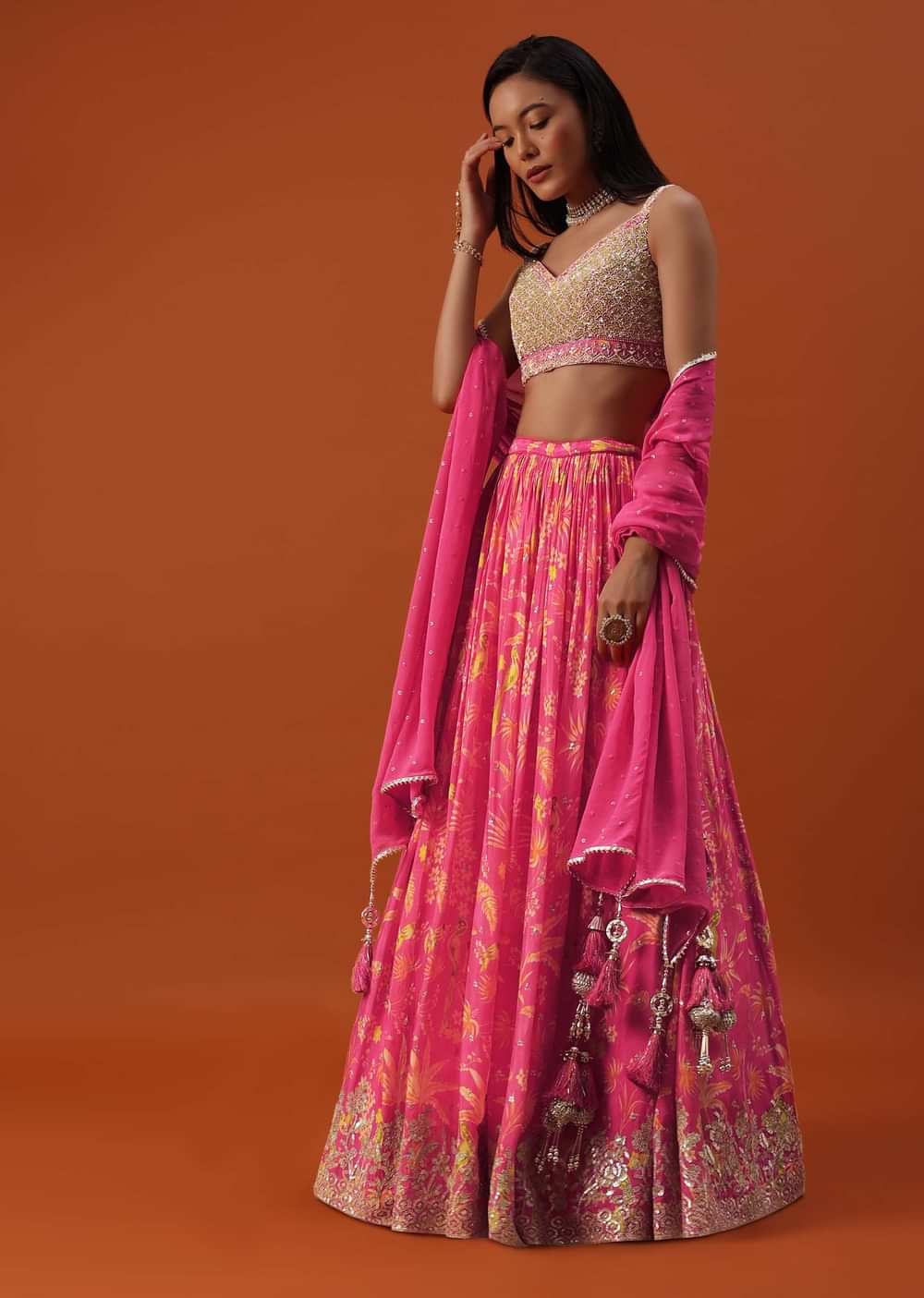 Hot Pink Lehenga And Blouse In Chinon With Floral Work