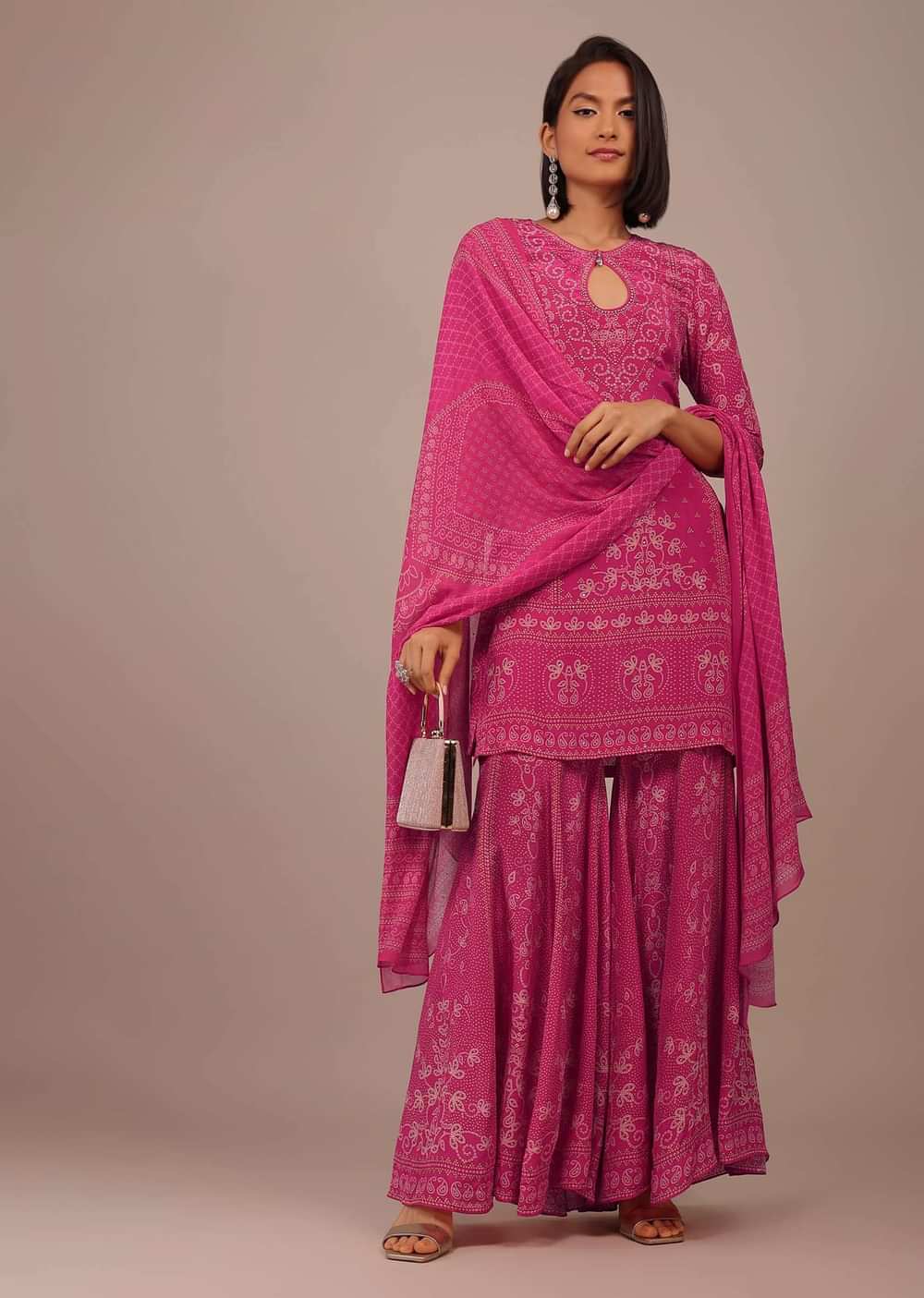 Hot Pink Printed Sharara Suit With Stone Work In Crepe