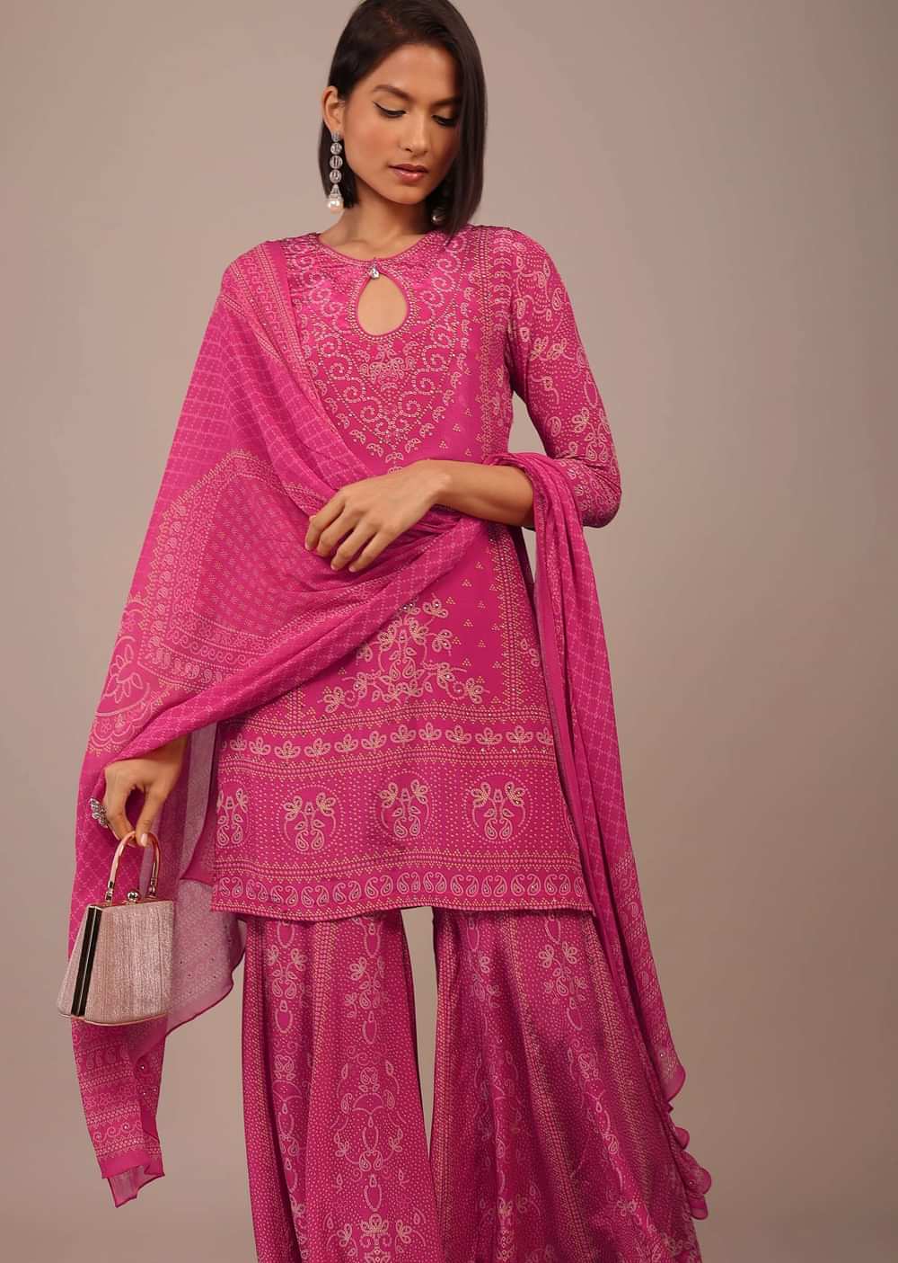 Hot Pink Printed Sharara Suit With Stone Work In Crepe