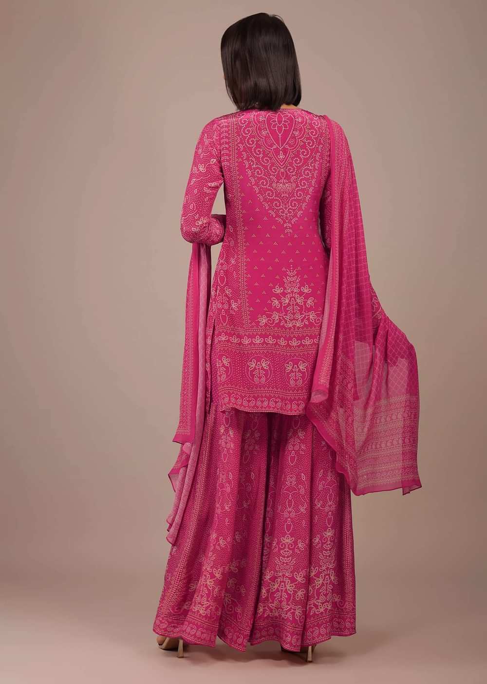 Hot Pink Printed Sharara Suit With Stone Work In Crepe