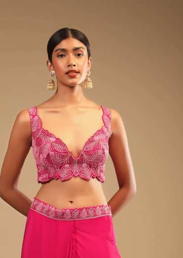 Hot Pink Ready Pleated Saree In Crepe With Ruffle Frill On The Pallu And Beads Embroidered Crop Top And Belt