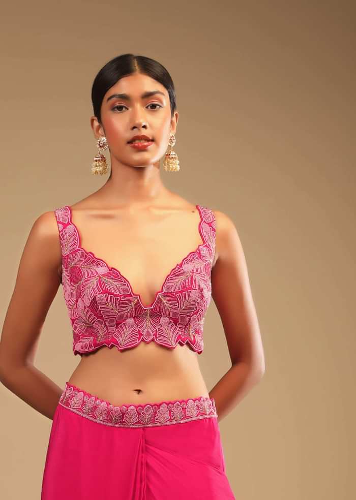Hot Pink Ready Pleated Saree In Crepe With Ruffle Frill On The Pallu And Beads Embroidered Crop Top And Belt