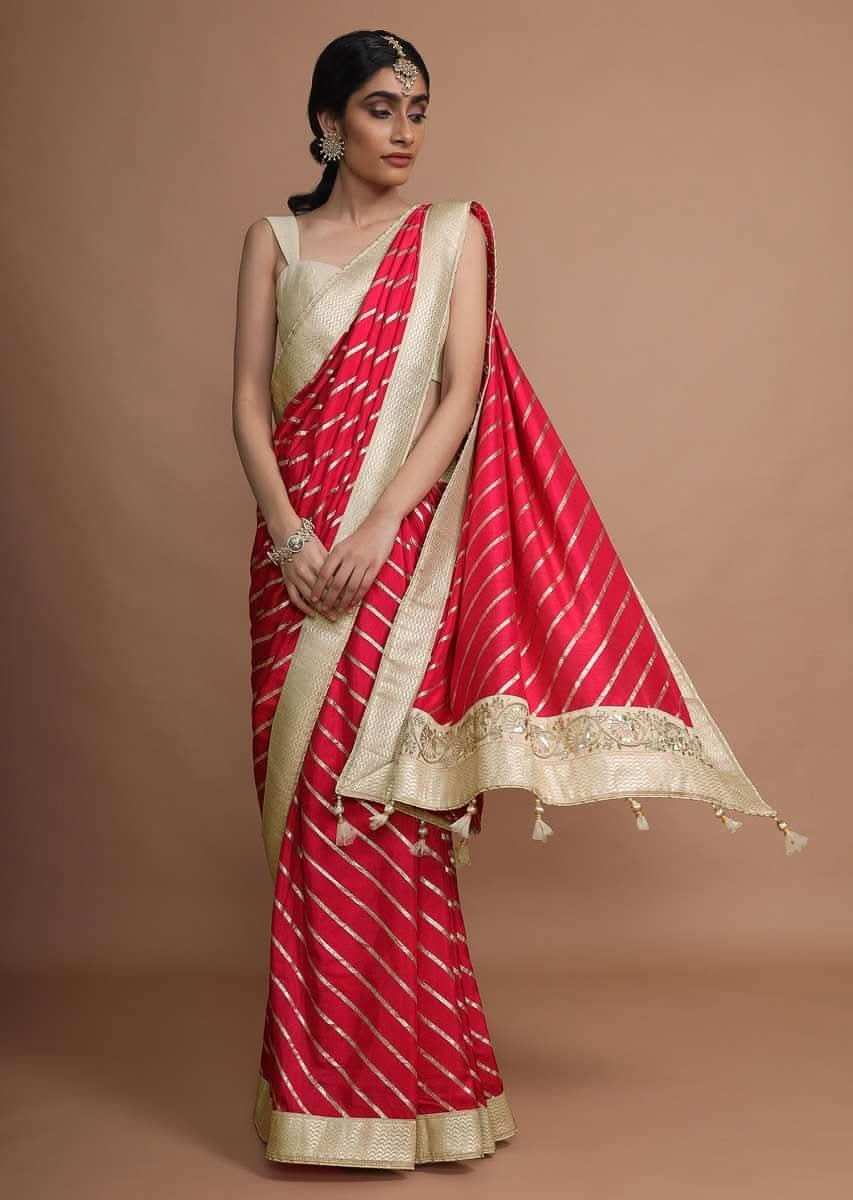 Hot Pink Saree In Silk With Gotta Work Stripes And Border Online - Kalki Fashion