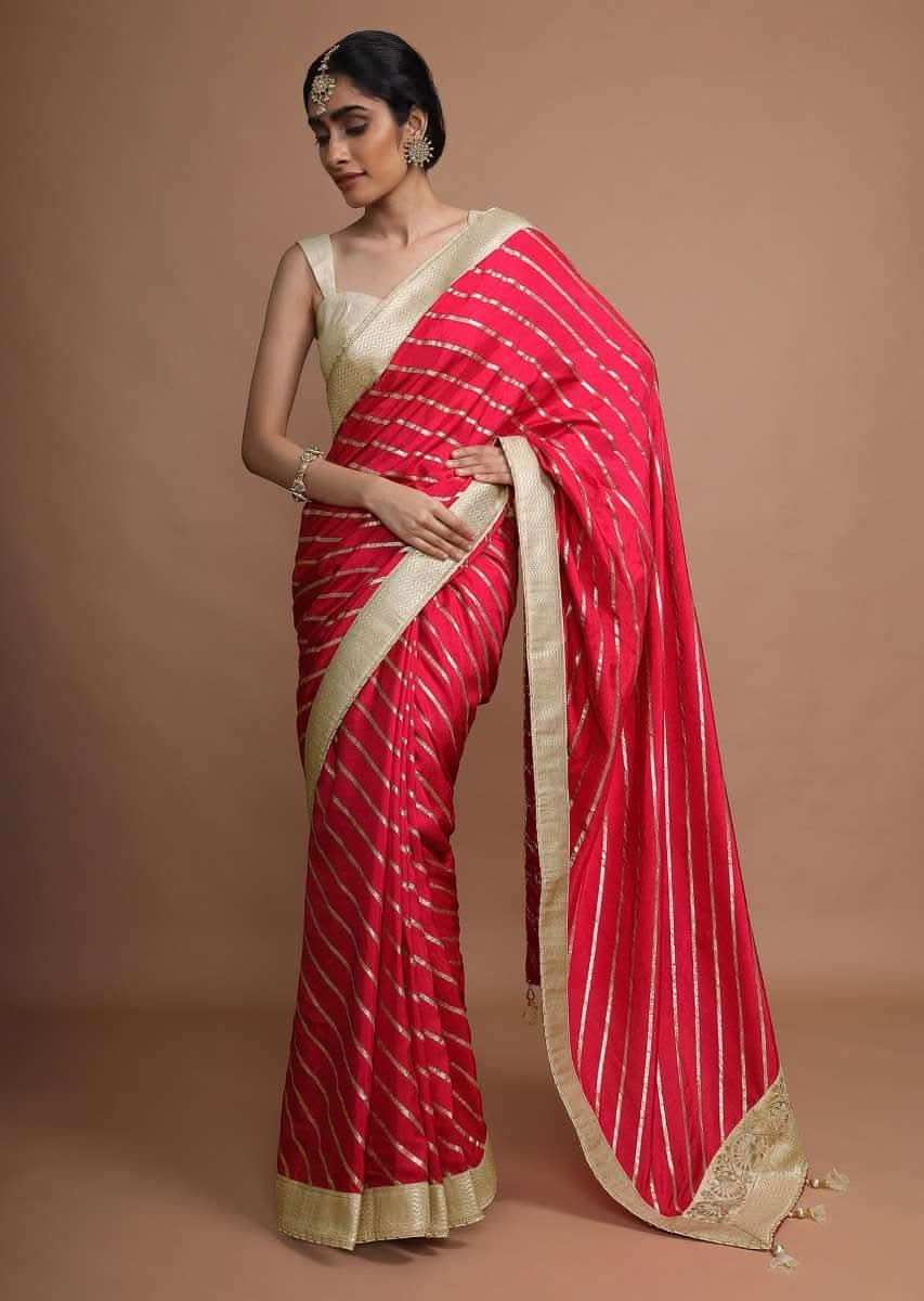 Hot Pink Saree In Silk With Gotta Work Stripes And Border Online - Kalki Fashion