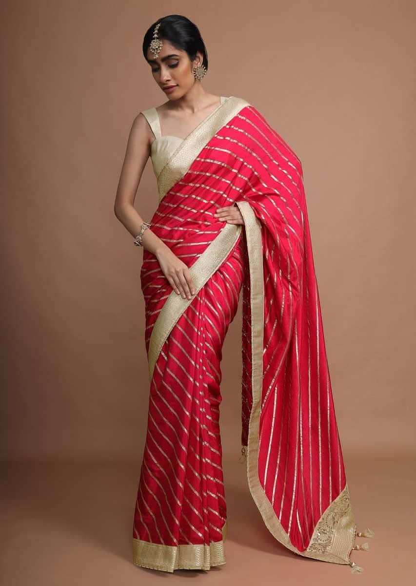 Hot Pink Saree In Silk With Gotta Work Stripes And Border Online - Kalki Fashion