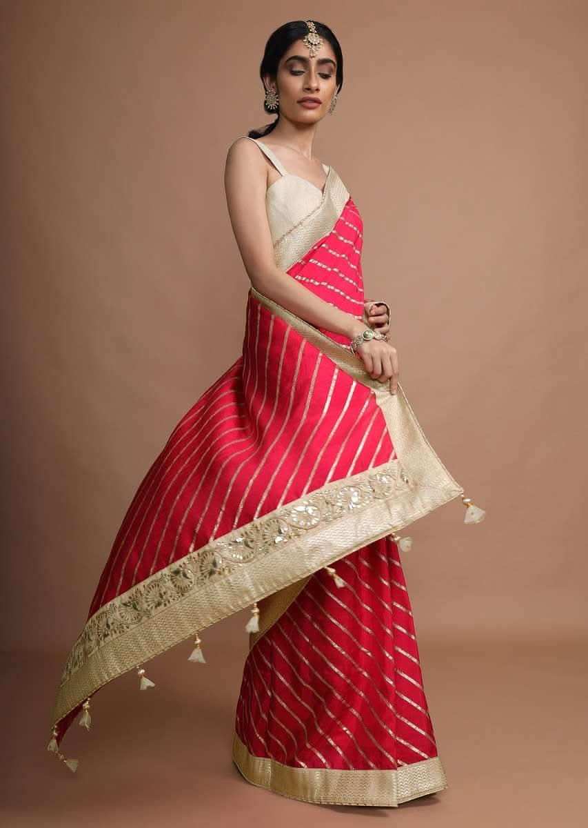 Hot Pink Saree In Silk With Gotta Work Stripes And Border Online - Kalki Fashion