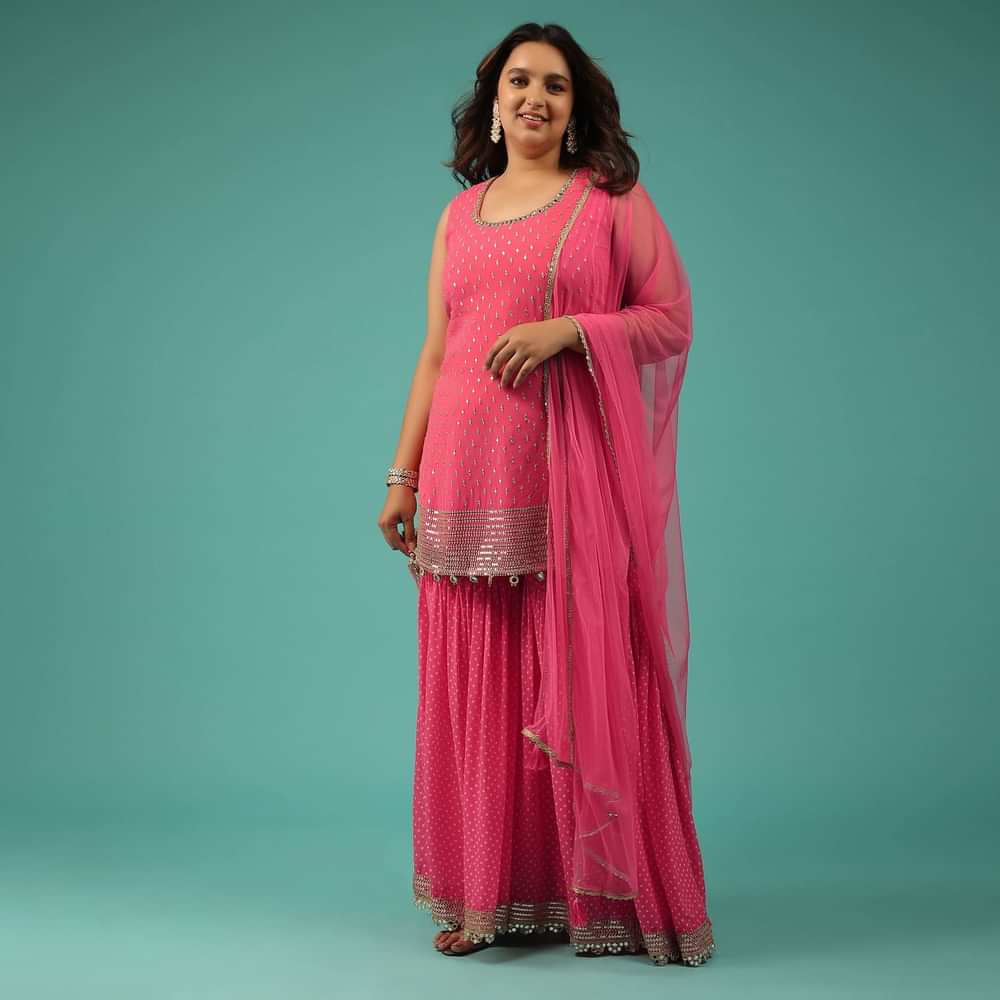 Hot Pink Georgette Sharara Suit With Bandhani Print And Embroidery