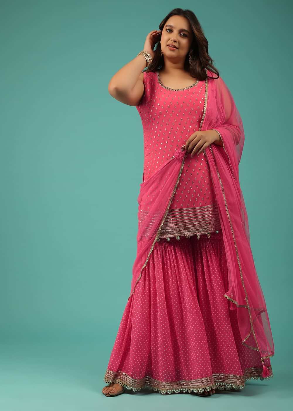 Hot Pink Georgette Sharara Suit With Bandhani Print And Embroidery