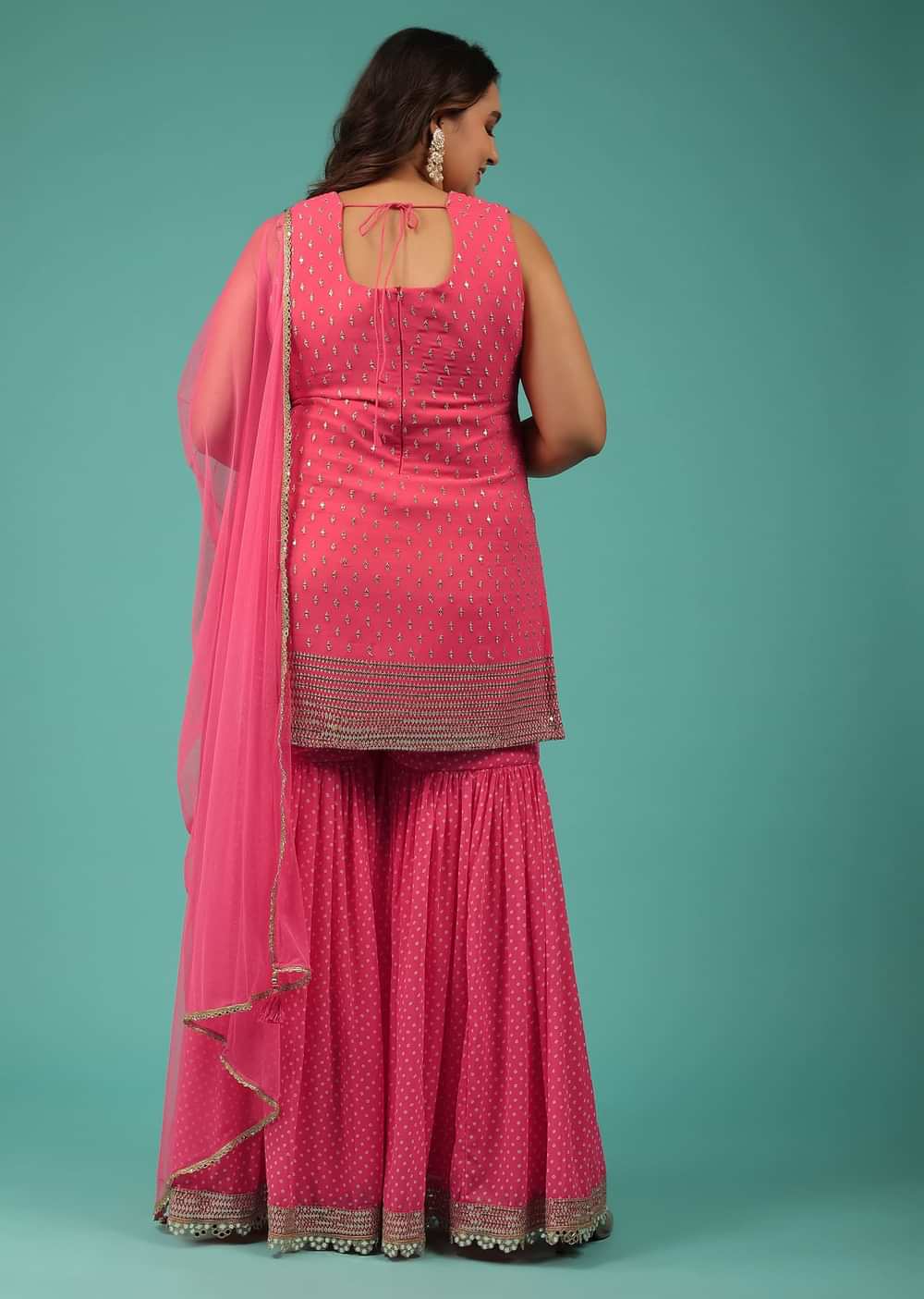 Hot Pink Georgette Sharara Suit With Bandhani Print And Embroidery