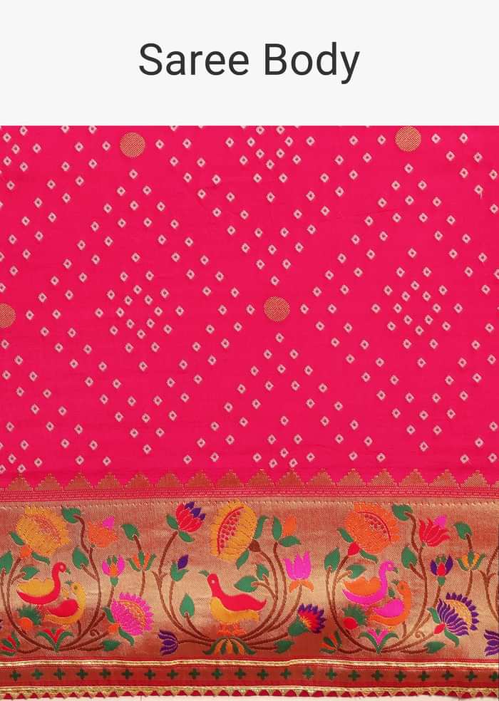 Hot Pink Woven Bandhani Silk Saree With Paithani Border Pallu And Unstitched Blouse