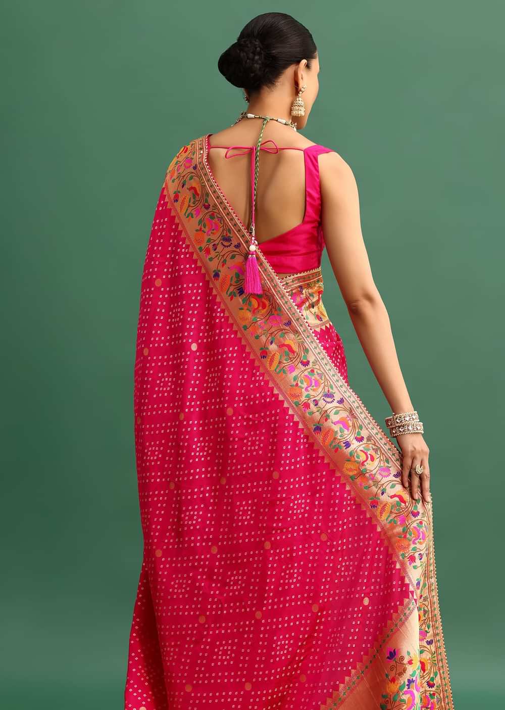 Hot Pink Woven Bandhani Silk Saree With Paithani Border Pallu And Unstitched Blouse