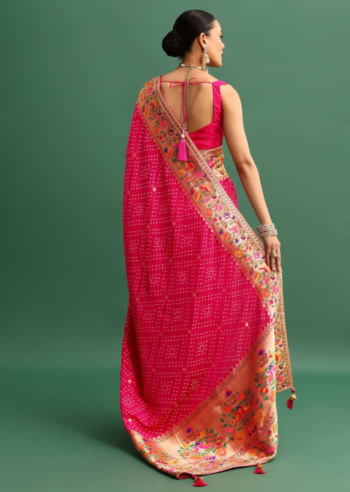 Hot Pink Woven Bandhani Silk Saree With Paithani Border Pallu And Unstitched Blouse