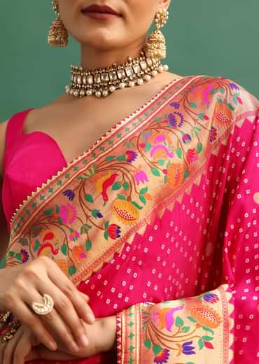 Hot Pink Woven Bandhani Silk Saree With Paithani Border Pallu And Unstitched Blouse