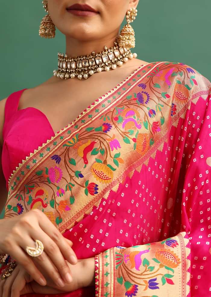 Hot Pink Woven Bandhani Silk Saree With Paithani Border Pallu And Unstitched Blouse