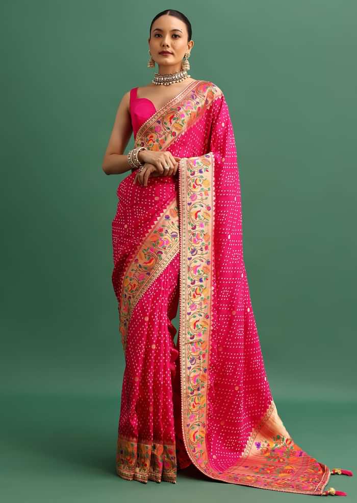 Hot Pink Woven Bandhani Silk Saree With Paithani Border Pallu And Unstitched Blouse