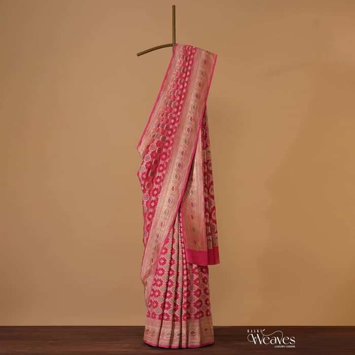 Hot Pink Handloom Saree In Khaadi Georgette With Unstitched Blouse