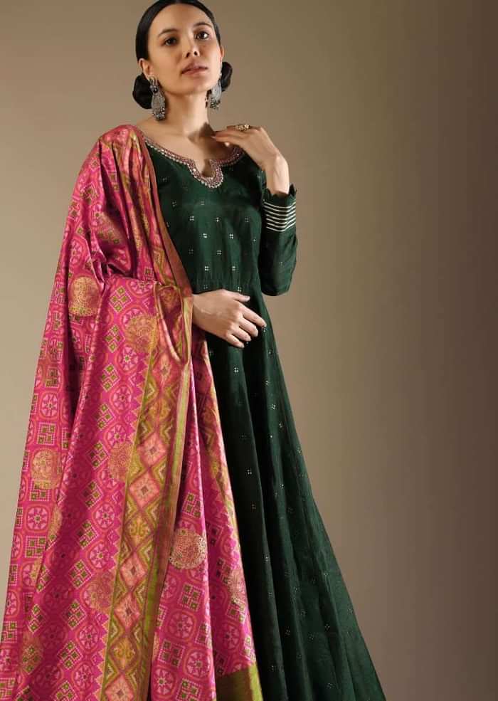 Hunter Green Anarkali Suit In Silk With Badla Buttis And Patola Printed Silk Dupatta