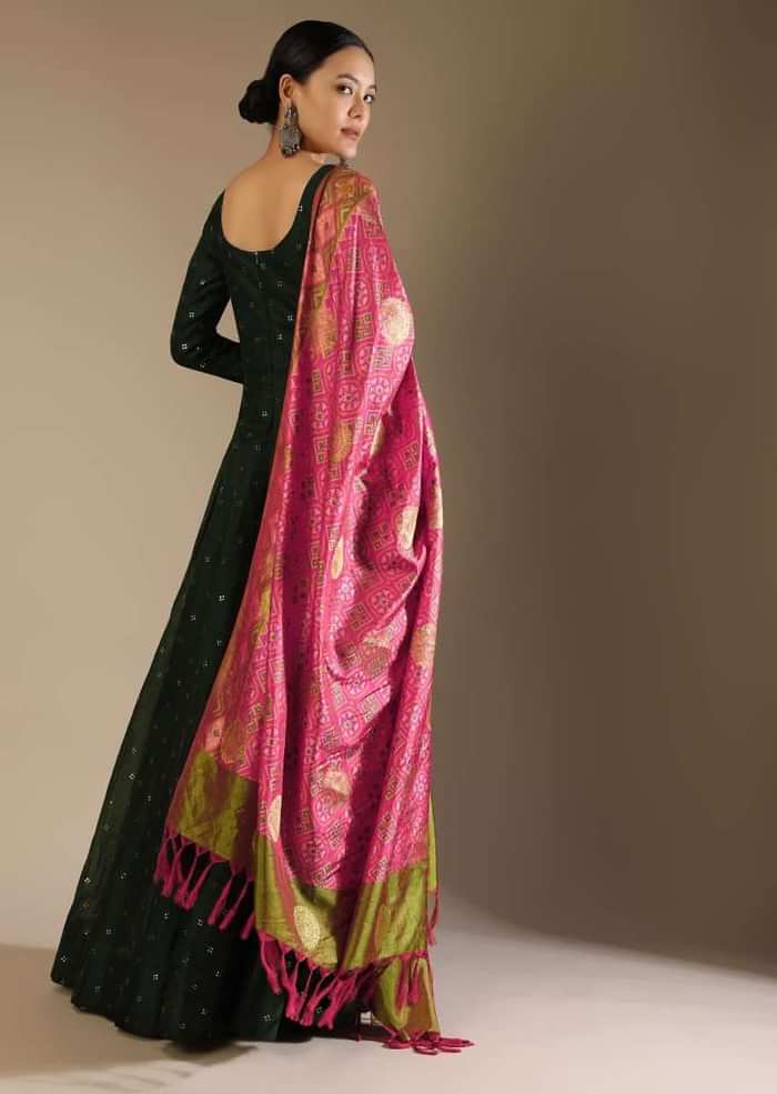 Hunter Green Anarkali Suit In Silk With Badla Buttis And Patola Printed Silk Dupatta