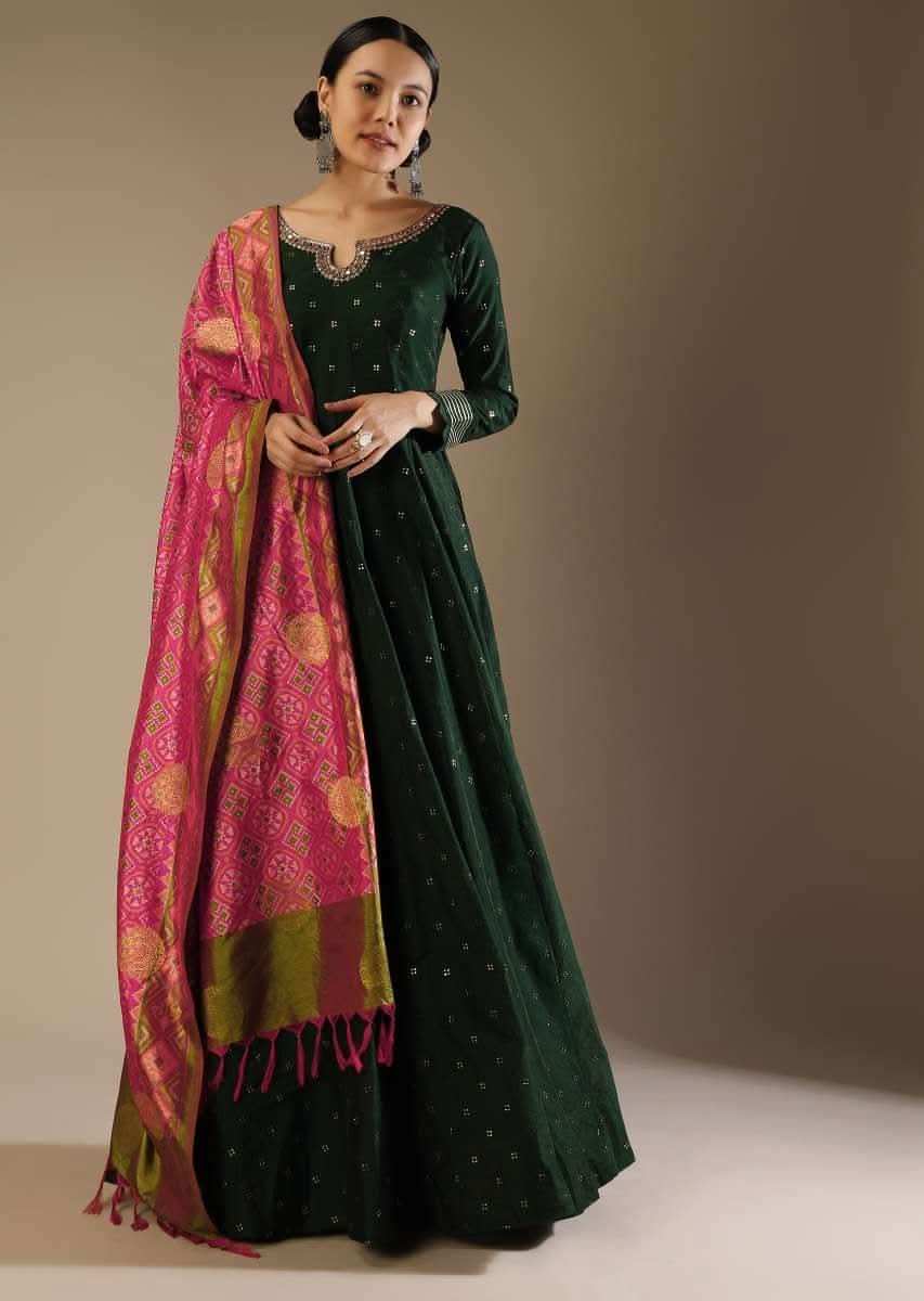 Hunter Green Anarkali Suit In Silk With Badla Buttis And Patola Printed Silk Dupatta