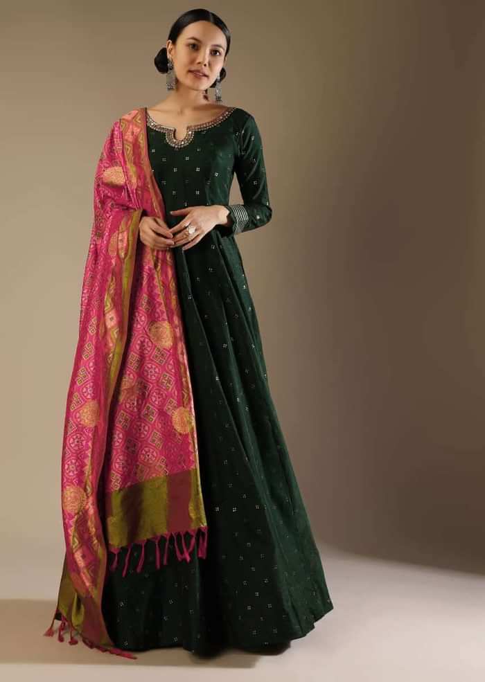 Hunter Green Anarkali Suit In Silk With Badla Buttis And Patola Printed Silk Dupatta