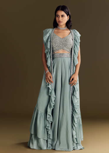 Ice Blue Crepe Croptop And Palazzo Set With Ruffled Jacket
