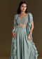 Ice Blue Crepe Croptop And Palazzo Set With Ruffled Jacket