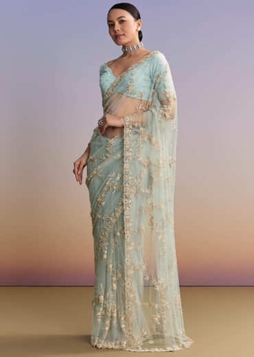 Ice Blue Net Embroidered Saree With Cutdana And Bead Work