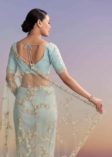 Ice Blue Net Embroidered Saree With Cutdana And Bead Work