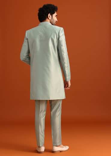 Ice Blue Cotton Silk Embroidered Sherwani Set