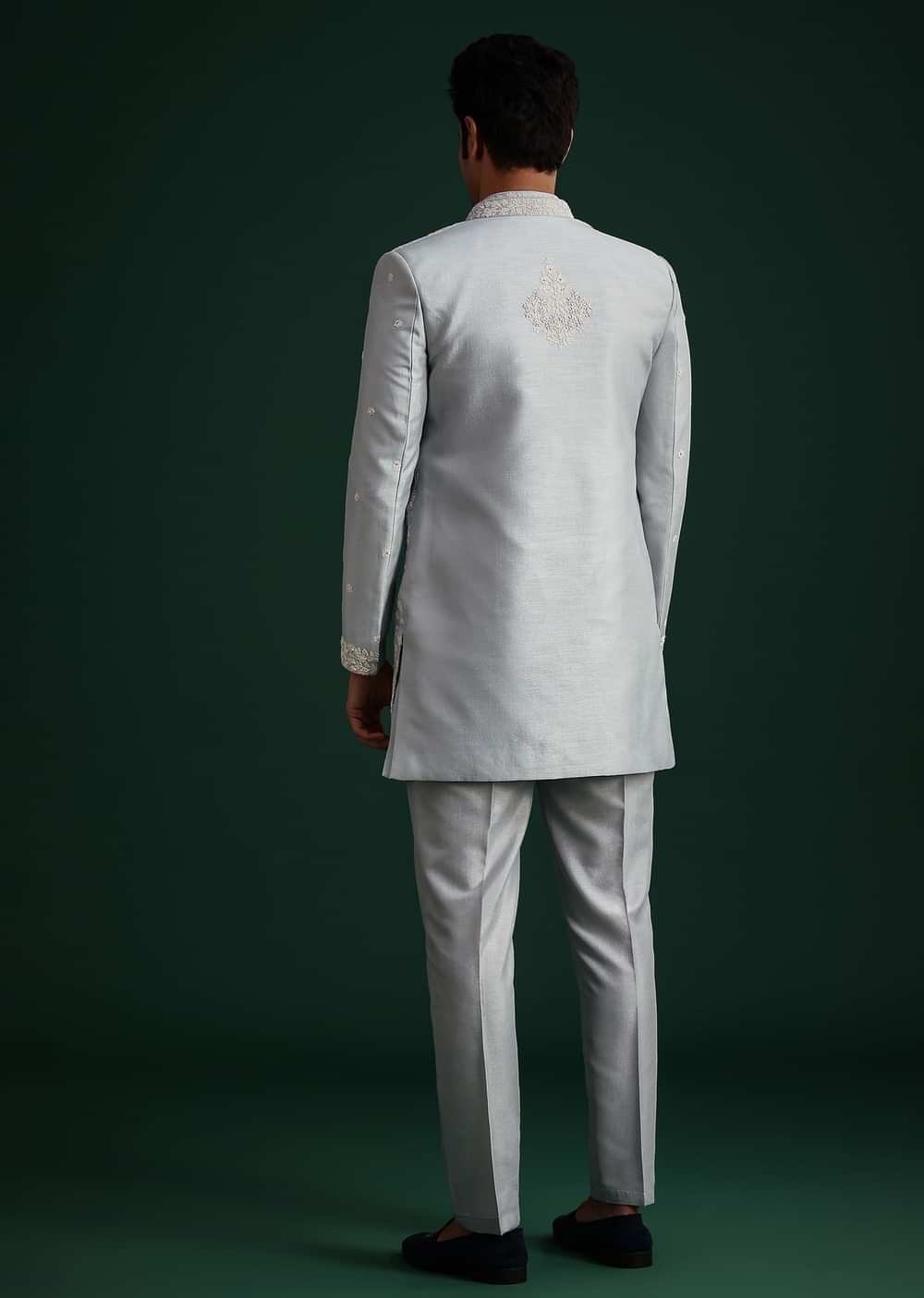 Ice Blue Cotton Silk Hand Work Sherwani Kurta Set