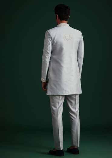 Ice Blue Cotton Silk Hand Work Sherwani Kurta Set