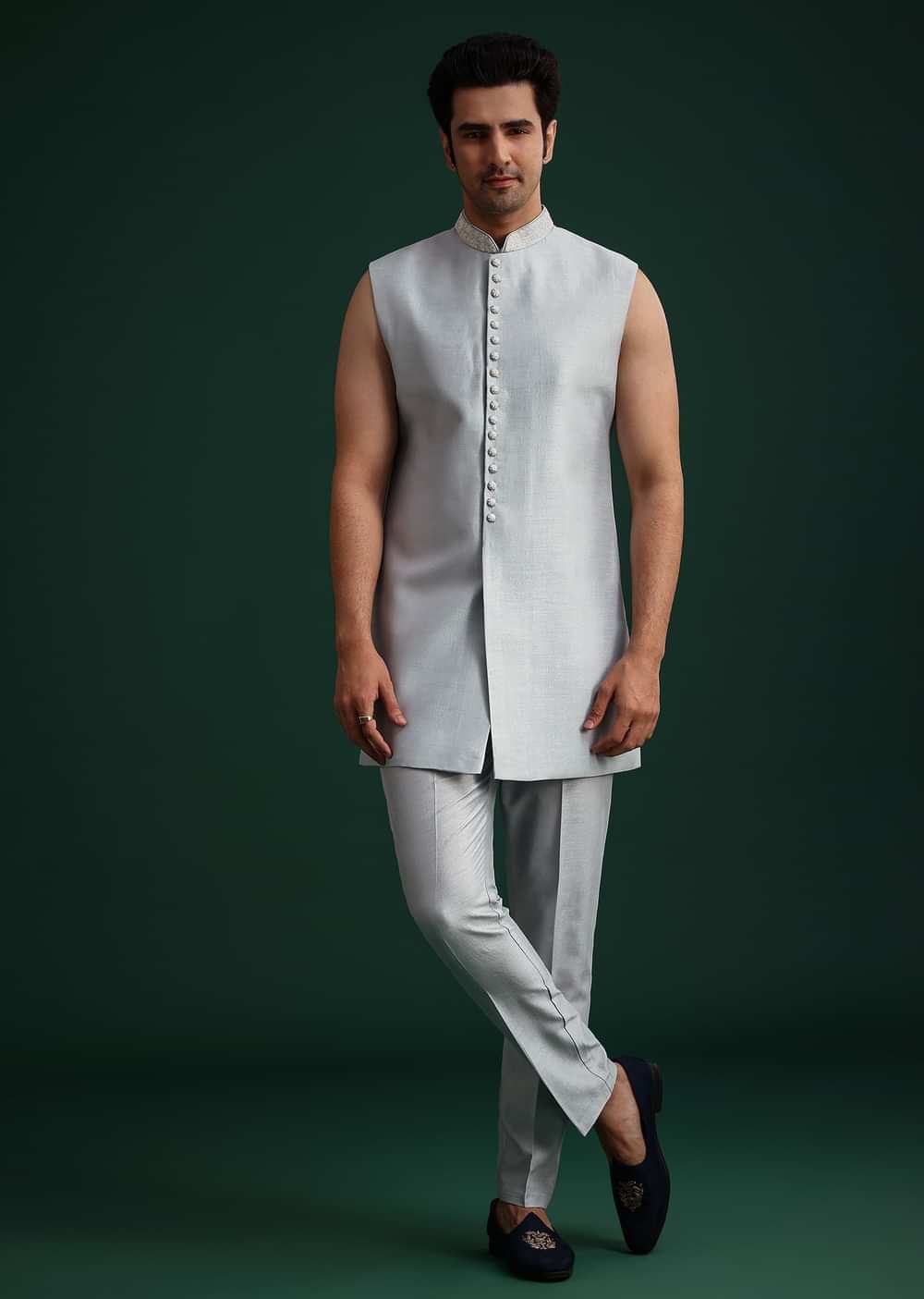Ice Blue Cotton Silk Hand Work Sherwani Kurta Set